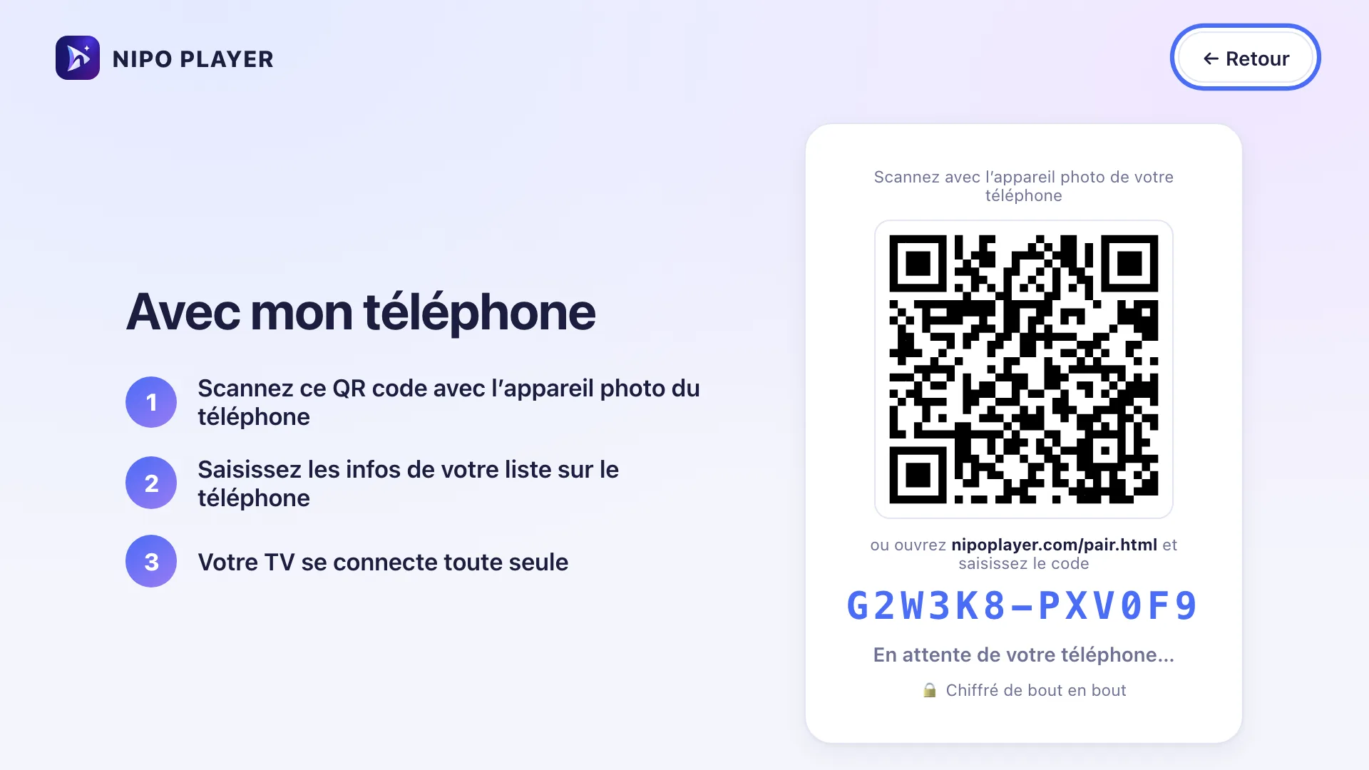 Ajout d’une playlist : QR code avec le téléphone, ou saisie