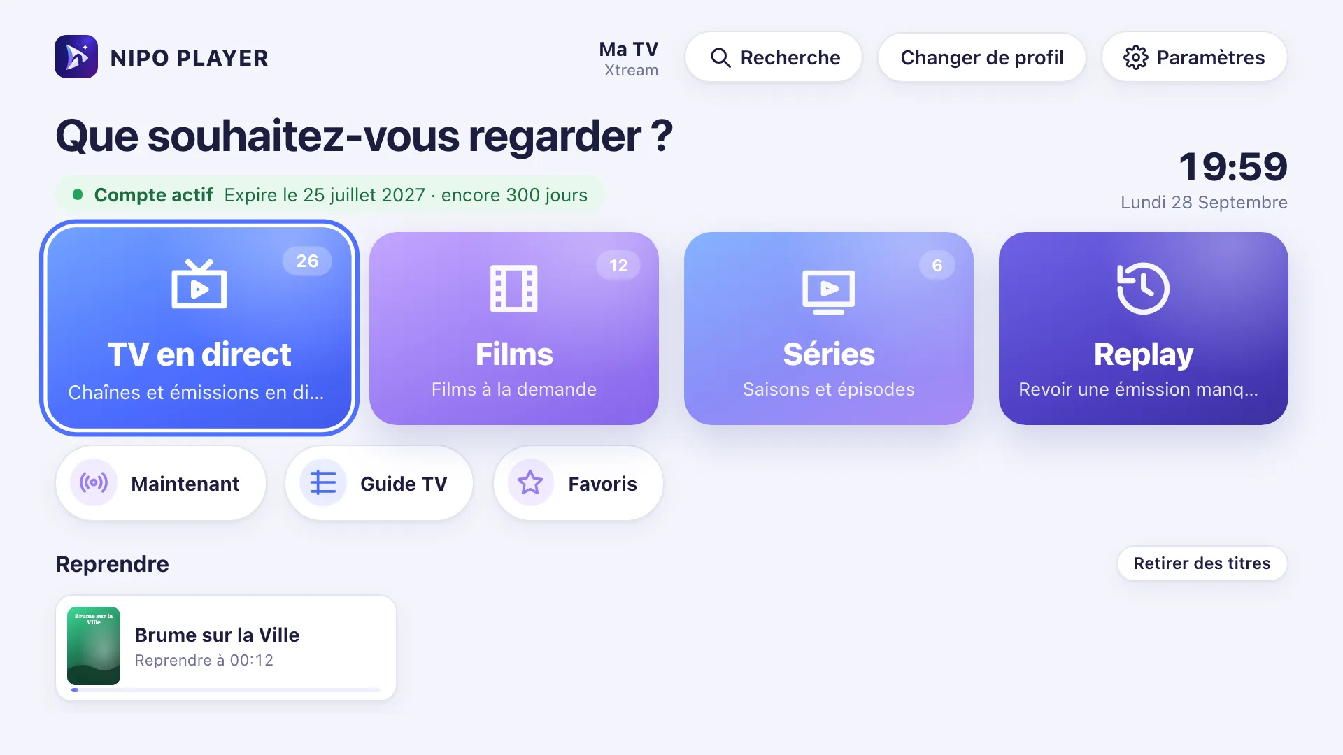 Accueil avec la rangée Reprendre la lecture