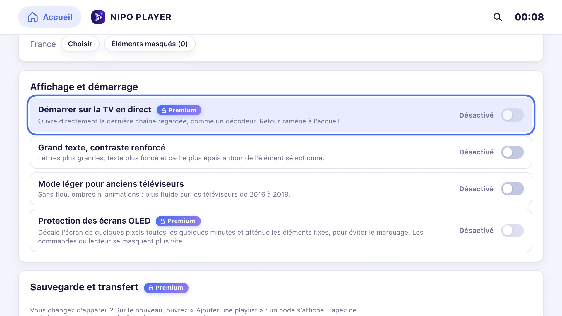 Réglages Affichage et démarrage : grand texte et mode léger