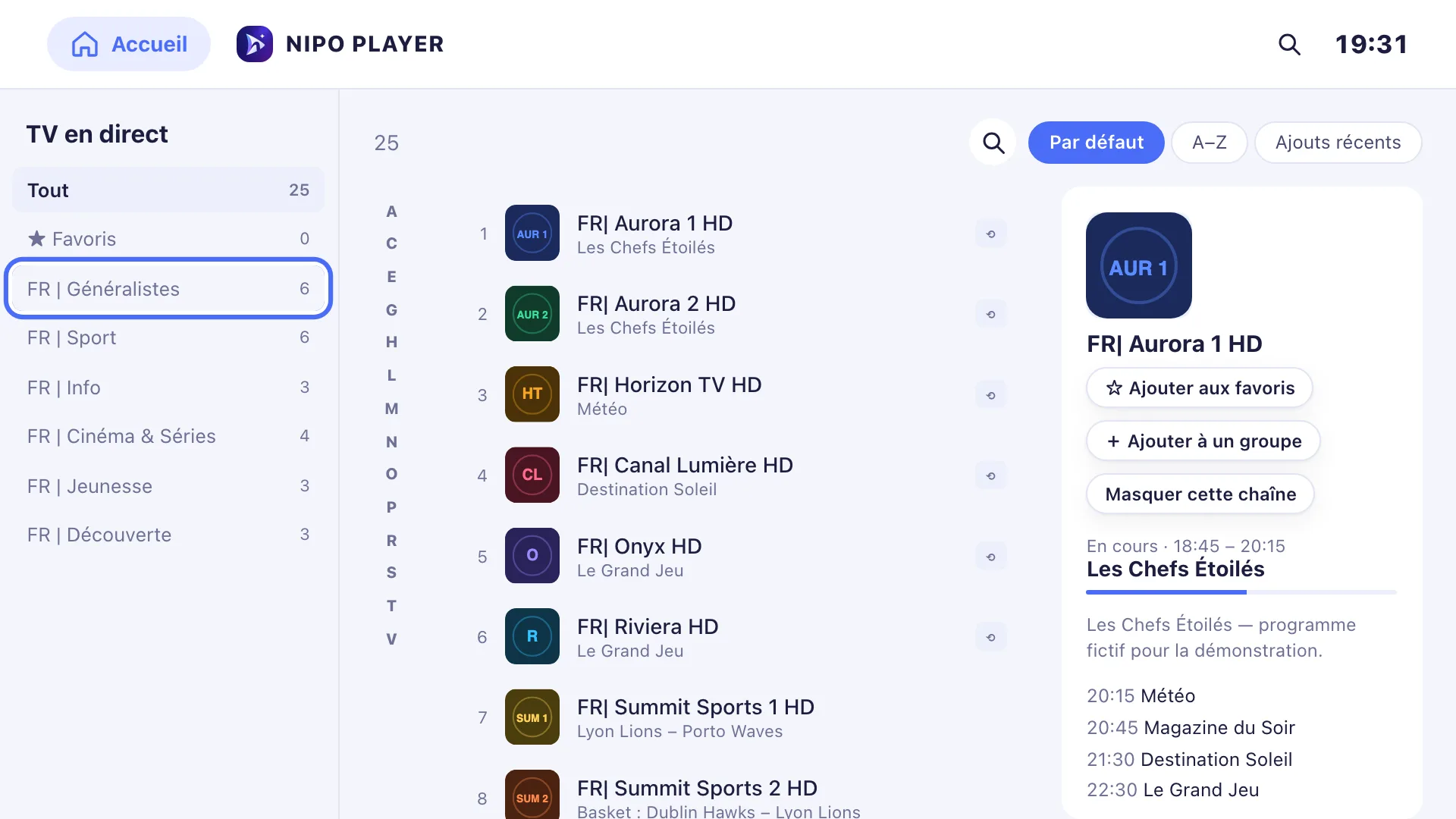 Chaînes de TV en direct dans le lecteur Nipo Player