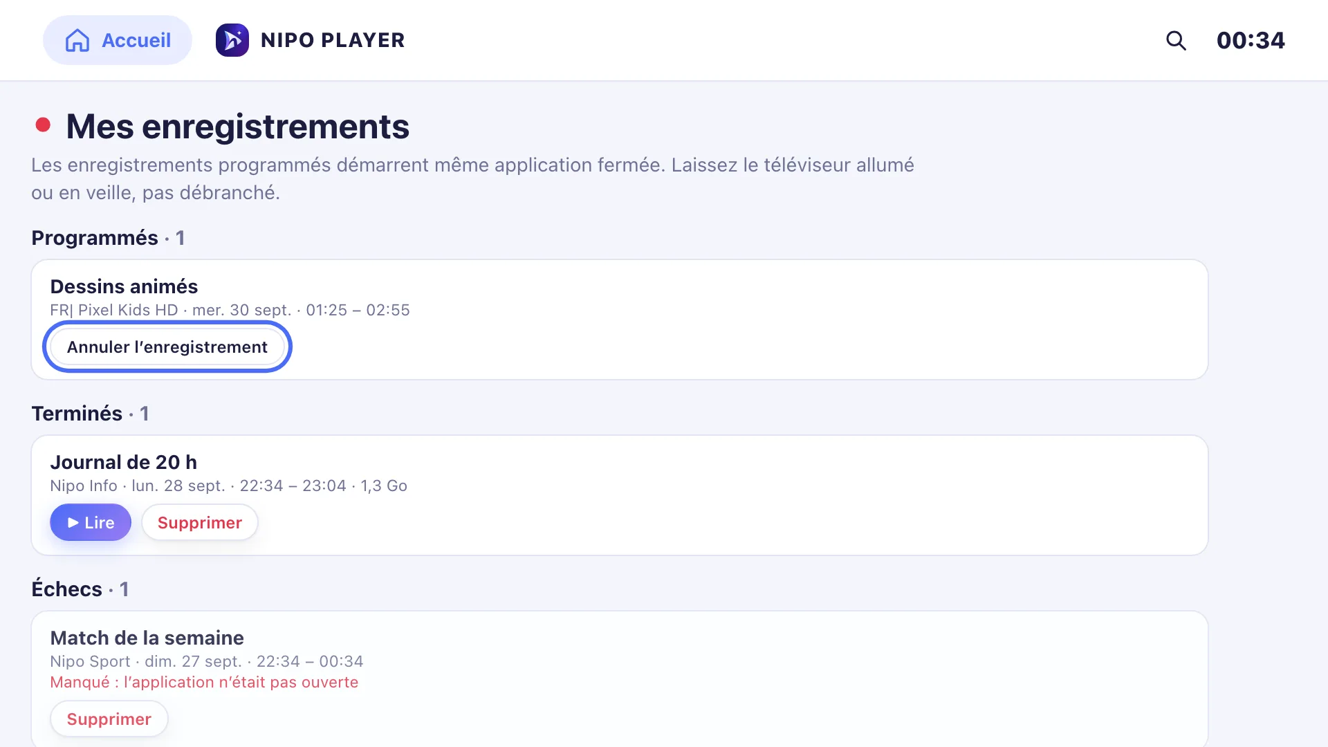 Mes enregistrements : en cours, programmés et terminés